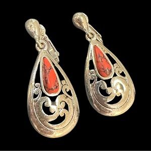 Artisan Silver and Red Teardrop Earrings